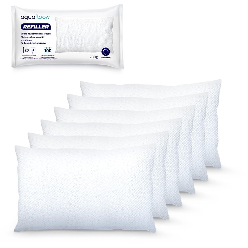 Aquafloow 6x Moisture Absorber Refill Bag 280 g, Works effectively in rooms up to 20m2 | Remover Condensation Moisture, Damp in Home Kitchen Wardrobe Caravan Garage Bathroom