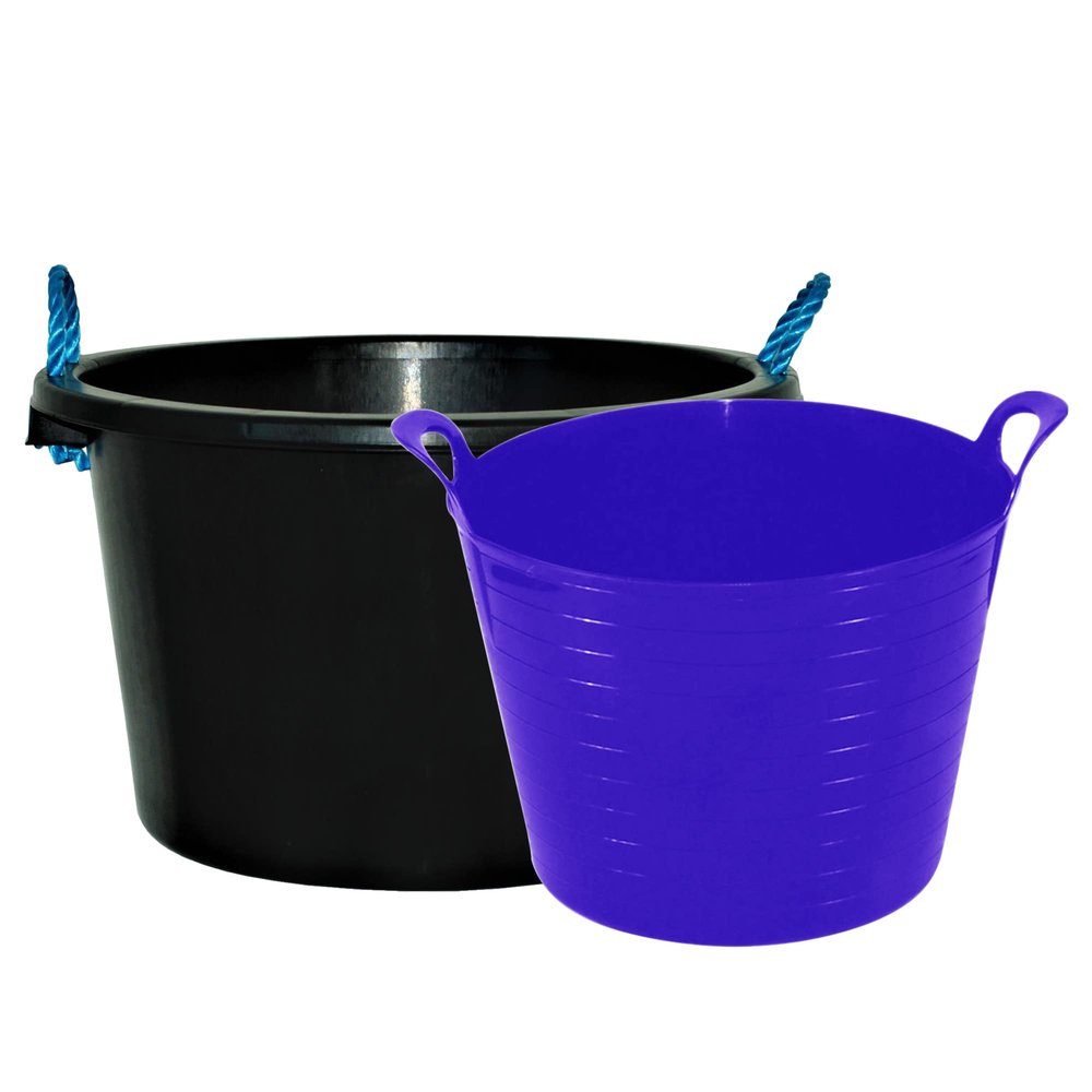 70L Rope Bucket (Black) + 42 Large Flexi Tubs | Heavy Duty Plaster Mixing Cement Water Storage Bucket | Flexi Tubs Muck Bucket Garden Debris Rubbish Collection (42l Flexi Purple, 70 Litre Rope Bucket)