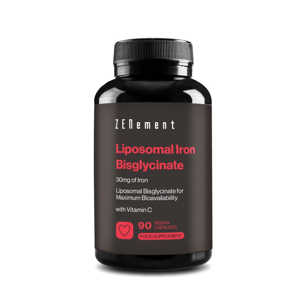 Liposomal Iron Bisglycinate 30 mg with Vitamin C  High Absorption and Digestive Tolerance  Stable Chelated and Synergistic Formula  90 Vegan Capsules  Zenement