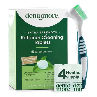 Dentomore Retainer Cleaner Tablets -4 Months supply-120 tabs- Cleaning Tablets Eliminate Odour, Stains - Mouth Guard Cleaning Tablets - Potent Denture Cleaning Tablets - Bonus Special Toothbrush