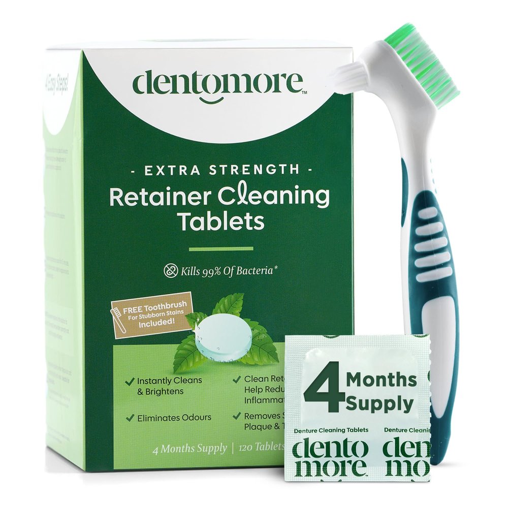 Dentomore Retainer Cleaner Tablets -4 Months supply-120 tabs- Cleaning Tablets Eliminate Odour, Stains - Mouth Guard Cleaning Tablets - Potent Denture Cleaning Tablets - Bonus Special Toothbrush