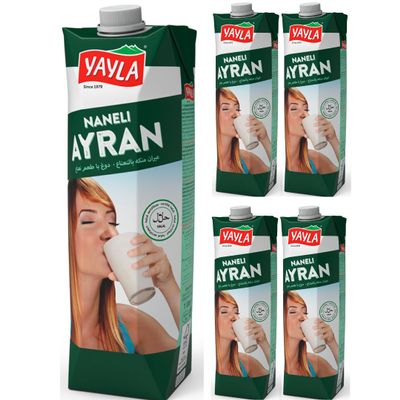 By Pufai Grocery, Yayla Mint Ayran Natural Yoghurt Drink Ayran Mint Turkish Traditional Drink Ayran 1000 millimeter x 5 Bottles