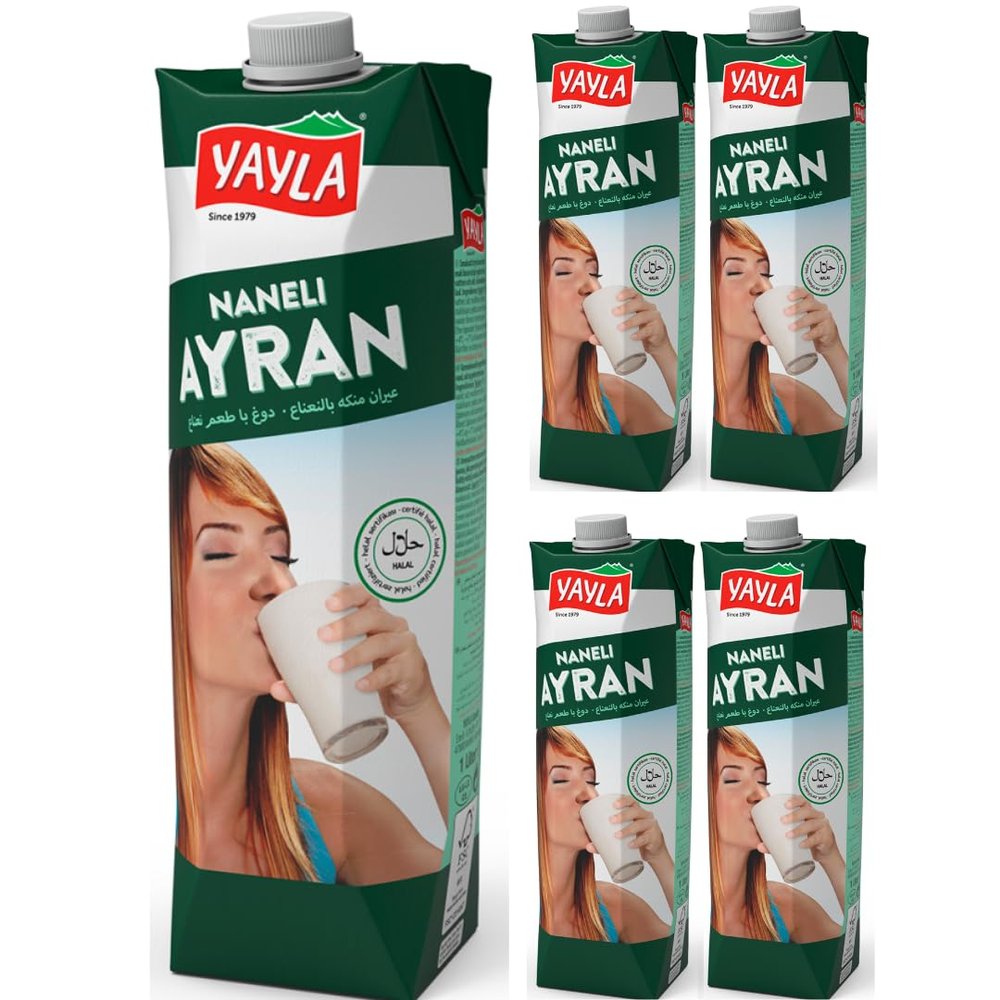 By Pufai Grocery, Yayla Mint Ayran Natural Yoghurt Drink Ayran Mint Turkish Traditional Drink Ayran 1000 millimeter x 5 Bottles