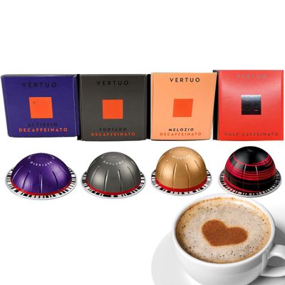 Ambience Products Vertuo Coffee Capsules Decaffeinated Assortment - Melozio, Fortado, Altissio & Gran Lungo Half Caffeinato Sweet & Velvety Experience