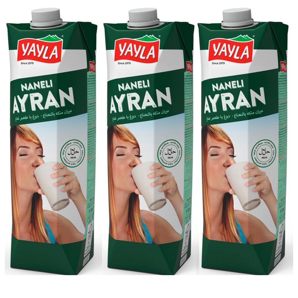 By Pufai Grocery, Yayla Mint Ayran Natural Yoghurt Drink Ayran Mint Turkish Traditional Drink Ayran 1000 millimeter x 3 Bottles