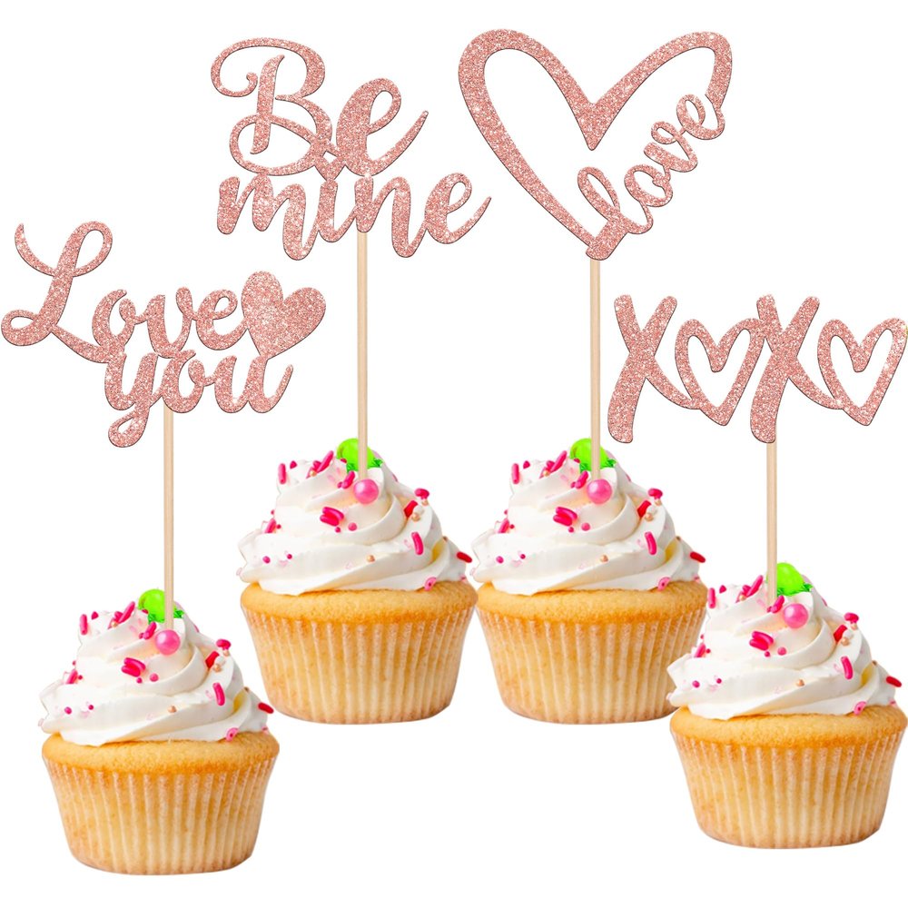 24 Pack Valentine's Day Cupcake Toppers Glitter Be Mine XOXO Love You Cupcake Food Picks Valentine's Day Theme Wedding Bridal Shower Birthday Party Cake Decorations Supplies Rose Gold