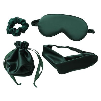 JIHUOO 4 Pcs Artificial Silk Sleep Masks Hair Scrunchies Headband and Pouches Soft Eye Mask Cover Stain Blackout Blindfold for Sleeping Wedding Bridesmaid Gifts Dark Green
