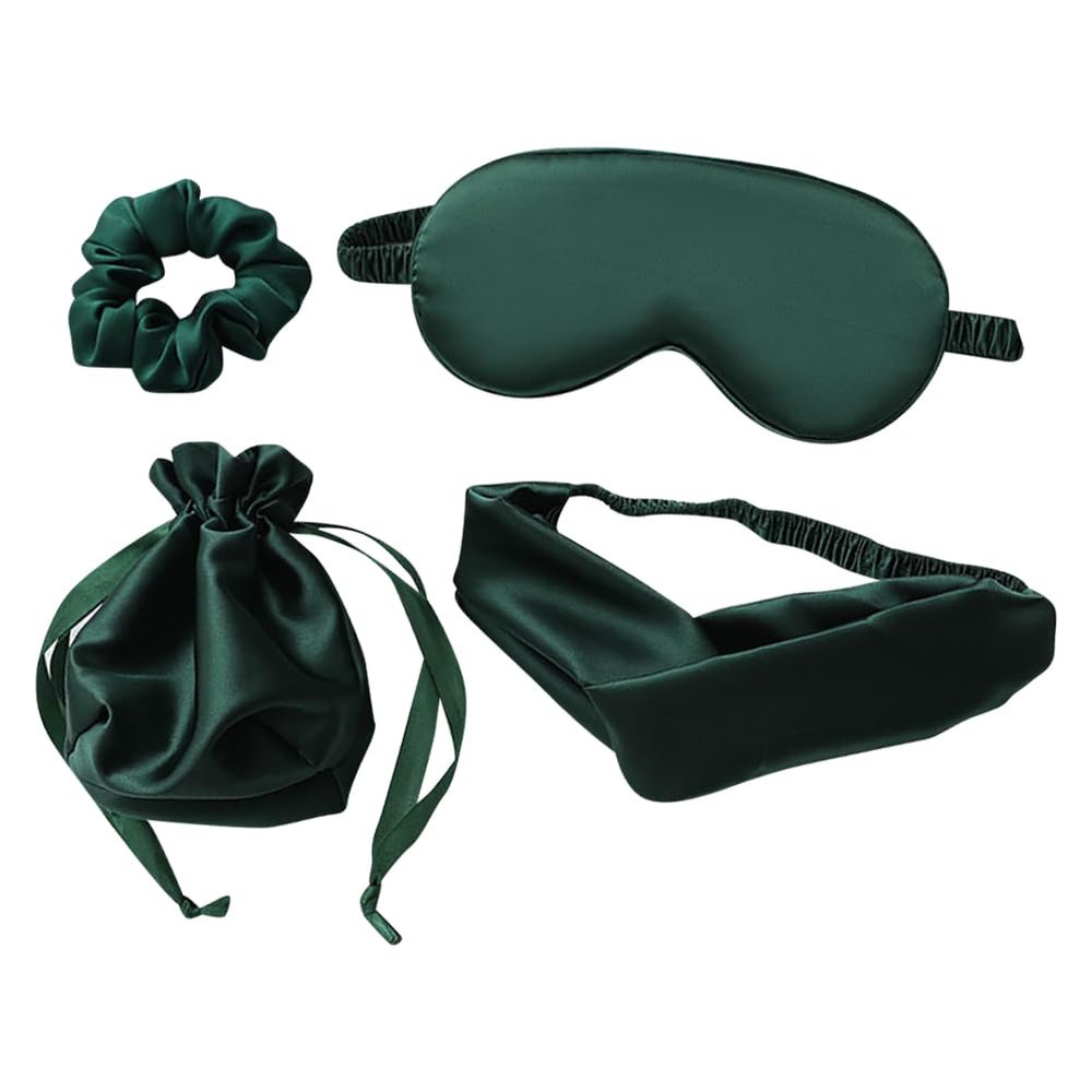 JIHUOO 4 Pcs Artificial Silk Sleep Masks Hair Scrunchies Headband and Pouches Soft Eye Mask Cover Stain Blackout Blindfold for Sleeping Wedding Bridesmaid Gifts Dark Green