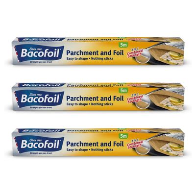 Foil and Parchment Paper 2 in 1 Easy to Shape 5m x 30cm | Durable and Tear Resistant | Non-Stick Coating - Pack of 3 Rolls