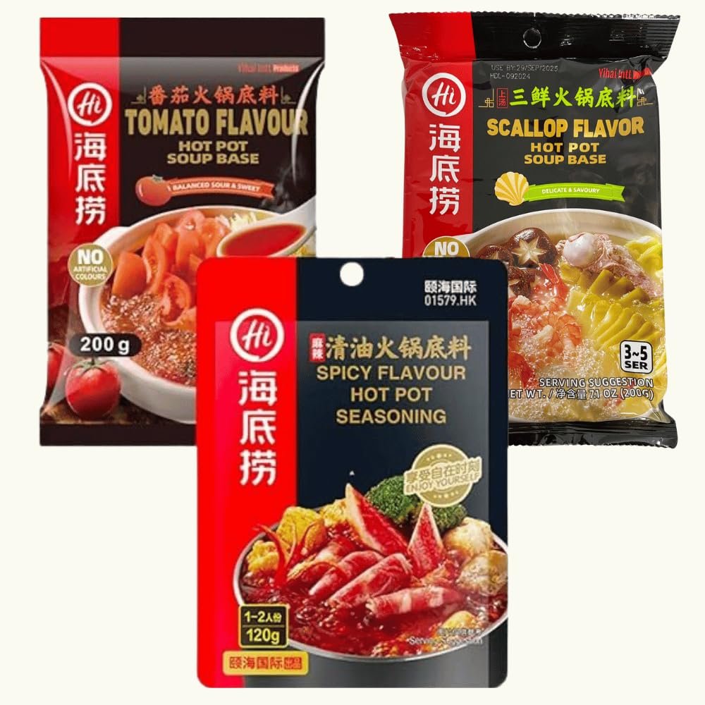 Haidilao Chinese Hot Pot Soup Base Seasoning Sauce  (3 Assorted Flavours - Three Delicacies, Spicy, Tomato)