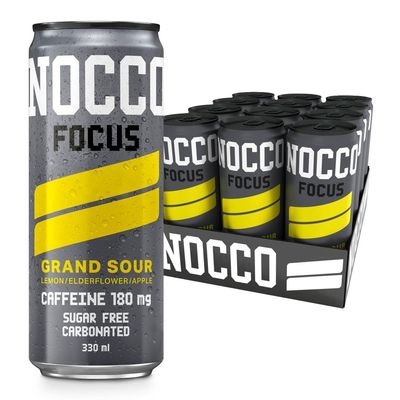 NOCCO Sugar Free Energy Drink 180mg High Caffeine, Enriched with Amino Acids & Vitamins, Ideal for Pre Workout 12 x 330ml(Grand Sour)