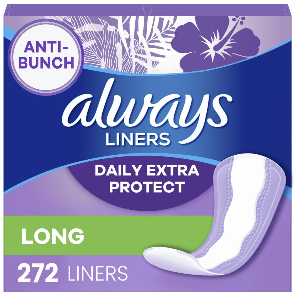 Always Anti-Bunch Xtra Protection Daily Liners, Long Length, Unscented, 136 Count
