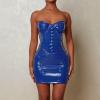 Gefomuofe Women's Leather Dresses Stretch Patent and Leather Sexy Women Dress Wetlook Bodysuit Open Short Romper Clubwear Tight Slim Fit Cosplay Playsuit Leather Look Short Dress GOGO Clubwear, blue, view 2