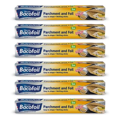 Foil and Parchment Paper 2 in 1 Easy to Shape 5m x 30cm | Durable and Tear Resistant | Non-Stick Coating - Pack of 6 Rolls