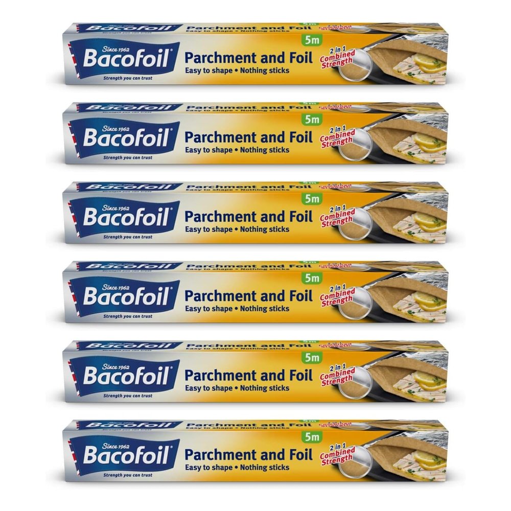 Foil and Parchment Paper 2 in 1 Easy to Shape 5m x 30cm | Durable and Tear Resistant | Non-Stick Coating - Pack of 6 Rolls