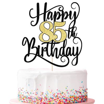 1Pc Black and gold flashes Happy 85th Birthday Cake Topper Glitter 85th Birthday Cake Pick Cheers to 85 Years Old Eighty Five Fabulous Cake Decorations for 85th Birthday Theme Party Supplies