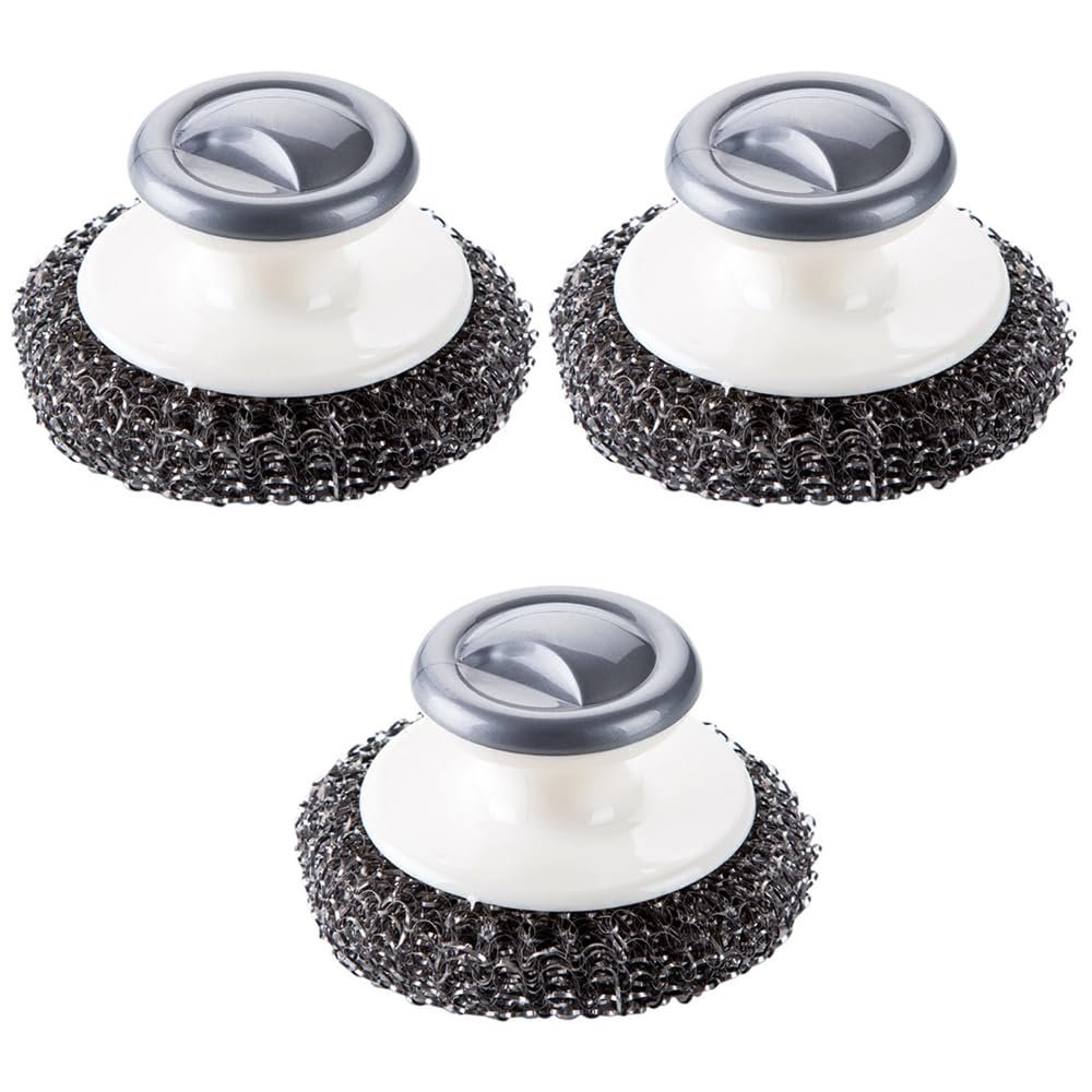Quweiz 3Pcs Stainless Steel Wool Scrubber with Handle, Dish Scrubber, Wool Scrubber Tool, Steel Brush for Pots, Grills, Pans, Sink, Dishes