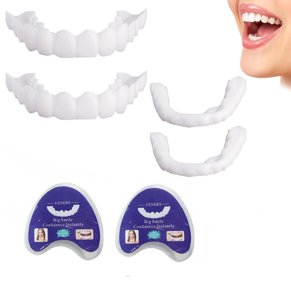 Flipped Warmth Clip in Veneers Teeth Cosmetic False Teeth, 2 Pairs Temporary Fake Teeth Whitening No Holes Imitation Upper and Lower False Dental Brackets for Whitening