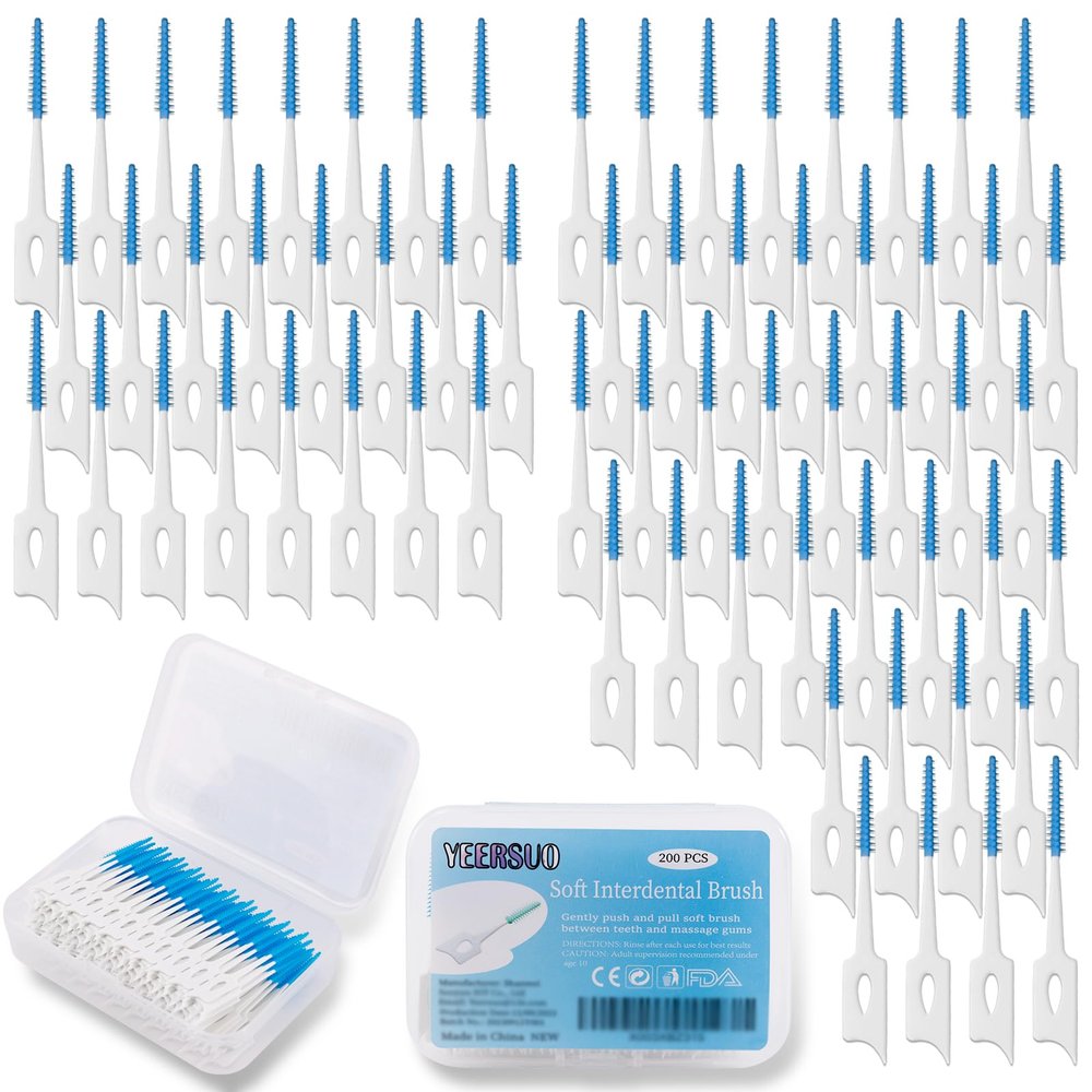 YEERSUO 200 PCS Silicone Interdental Brushes, Dental Toothpicks Brushes Between Teeth, Silicone Dental Floss Stick Disposable for Teeth Cleaning, Tooth Picks Cleaning Tool, Blue Colors