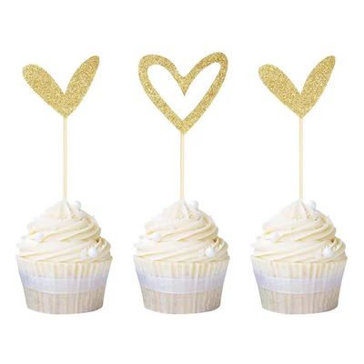 24 PCS Gold Glitter Heart Cupcake Toppers Sweet Love Theme Cupcake Picks Valentine's Day Cupcake Decorations for Wedding Engagement Bridal Shower Birthday