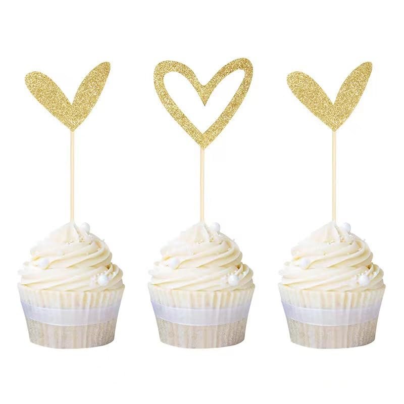 24 PCS Gold Glitter Heart Cupcake Toppers Sweet Love Theme Cupcake Picks Valentine's Day Cupcake Decorations for Wedding Engagement Bridal Shower Birthday