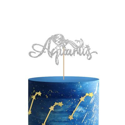 Aquarius Cake Topper, Happy Birthday Cake Topper, Silver Glitter Big Aquarius Energy Cake Topper for 12 Constellation Zodiac Themed Party, Horoscope Birthday Decoration