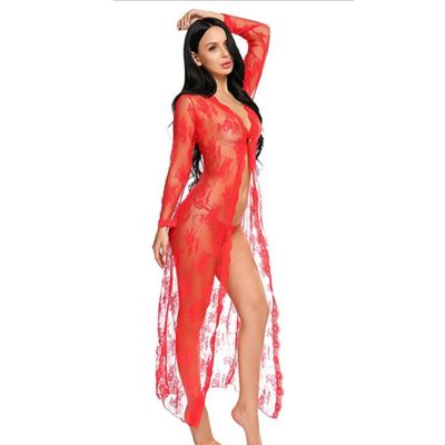 BTDECLAR Sexy Lace Robe for Women Lingerie Set Floral Mesh Sheer One Piece Babydoll Robe Thong See Through Lingerie Nightgown, Red, Medium