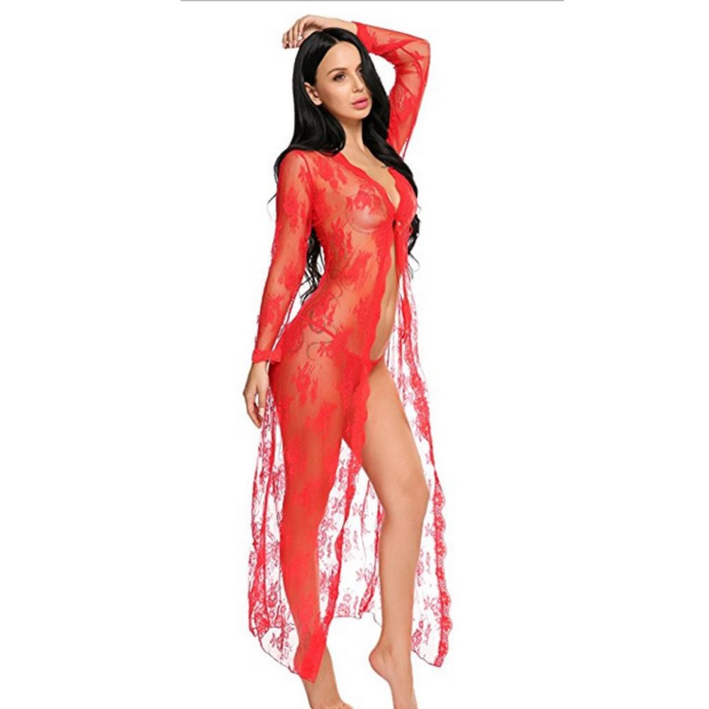 BTDECLAR Sexy Lace Robe for Women Lingerie Set Floral Mesh Sheer One Piece Babydoll Robe Thong See Through Lingerie Nightgown, Red, Medium