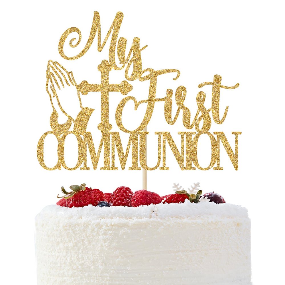 My First Communion Cake Topper, God Bless Cake Decor, First Holy Communion Decorations, Baptism/Christening/Baby Shower 1st Birthday Party Decorations Gold Glitter