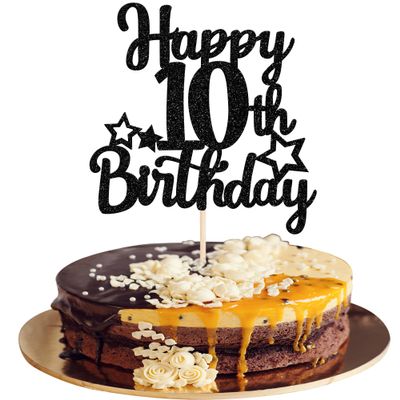 1 Pack Happy 10th Birthday Cake Topper Glitter Star 10 Fabulous Cake Pick Cheers to 10 Cake Decorations for Children 10th Birthday Theme Party Supplies Black