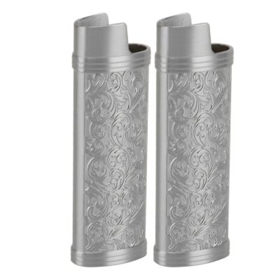 2PCS Lighter Case Cover Vintage Floral Stamped Zinc Alloy Shell for Lighter (Gray)