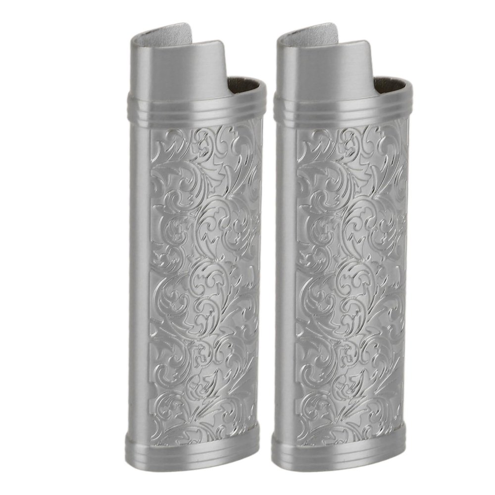 2PCS Lighter Case Cover Vintage Floral Stamped Zinc Alloy Shell for Lighter (Gray)
