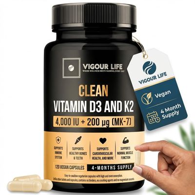 Clean Vitamin D3 K2 4000IU 200mcg  120 Vegan Capsules, 4 Month Supply, High Strength Vitamin D & K2 MK7 for Bone, Heart & Immune Support  Additive Free, No Binders or Cracking Agents