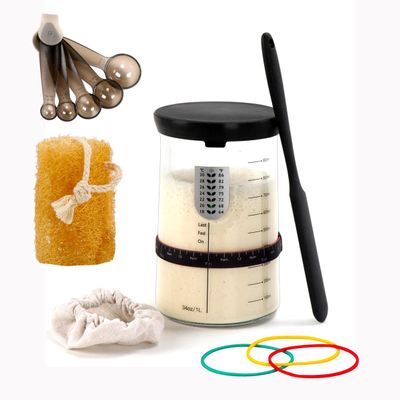 surebuy Sourdough Starter Jar Kit Lid Set 34oz Wide Mouth,Silicone Scraper,Cloth Cover, Thermometer Design,Measuring Spoon For Sourdough Baking Flour jar, All Flours (Black)