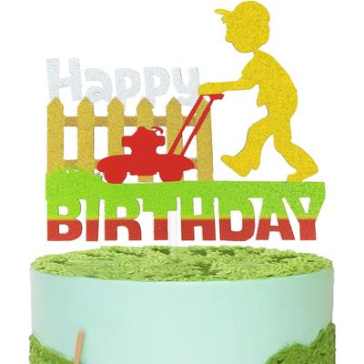 Festus Brand Silver Mowing Cake Topper, 5.8x5.1in, Birthday Party Supplies, Double-Sided Glitter Cardstock, Food-Grade Acrylic Stick, 1 Count