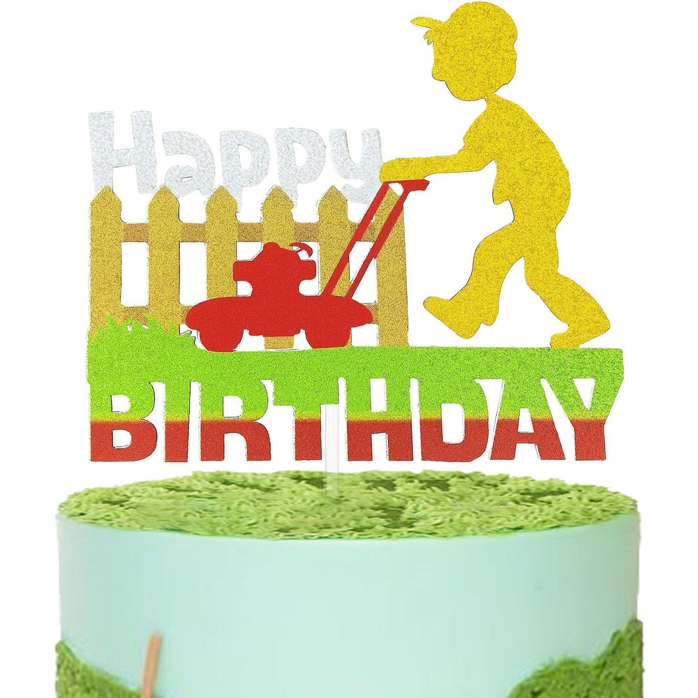Festus Brand Silver Mowing Cake Topper, 5.8x5.1in, Birthday Party Supplies, Double-Sided Glitter Cardstock, Food-Grade Acrylic Stick, 1 Count