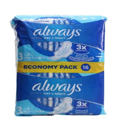 Always Ultra Day & Night Sanitary Pads (Size 3) with Wings 16 Pads - Super Absorbent and Ultra Thin