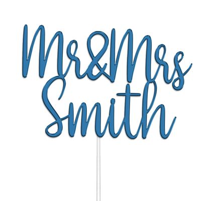 Personalised Acrylic Wedding Cake Topper by KreateSquare - Mr and Mrs Rustic Design - Customisable with Any Name, Custom Colour Wedding Cake Decoration. (Blue)