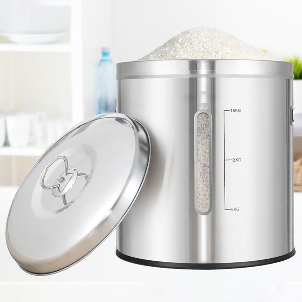 Sions Stainless Steel Airtight Jars for Kitchen, Rice Cereal Jars with Clear Window, Food Storage Containers with Lids and Handles for Storing Dry/Wet Foods,15kg
