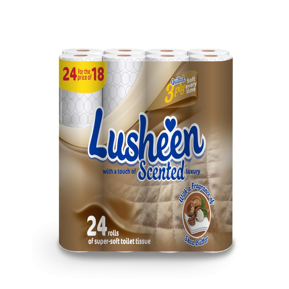 Priceless Discounts Online Lusheen Quilted 3 Ply Super Soft Toilet Roll 24 Rolls, Shea Butter Fragrance. Approx 145 Sheets per Roll. Super Strong & Absorbent Toilet Paper. Soft on Skin. Bulk Buy.