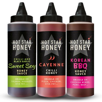 Hot Star Honey Asian Sauce Gift Set  Includes Sweet Soy, Cayenne Chilli & Korean BBQ Sauce  100% Natural, No Additives  Perfect for Chicken, Pizza, Pasta, Steak & Noodles  Made in UK  1030g