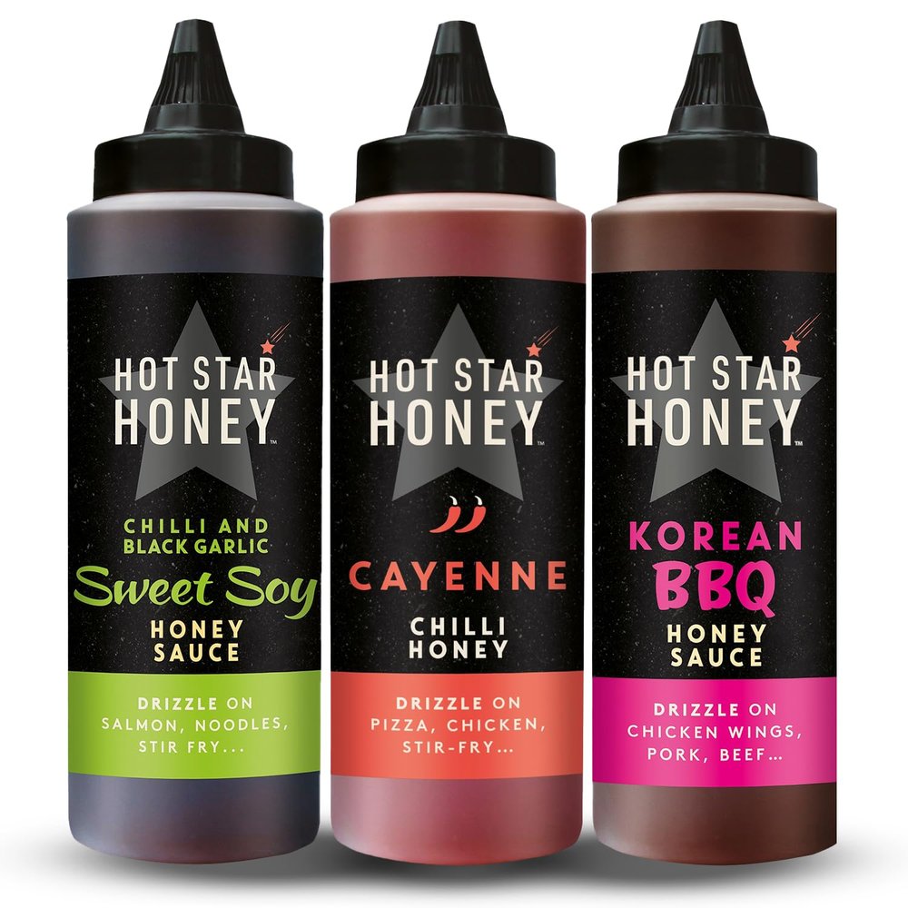 Hot Star Honey Asian Sauce Gift Set  Includes Sweet Soy, Cayenne Chilli & Korean BBQ Sauce  100% Natural, No Additives  Perfect for Chicken, Pizza, Pasta, Steak & Noodles  Made in UK  1030g