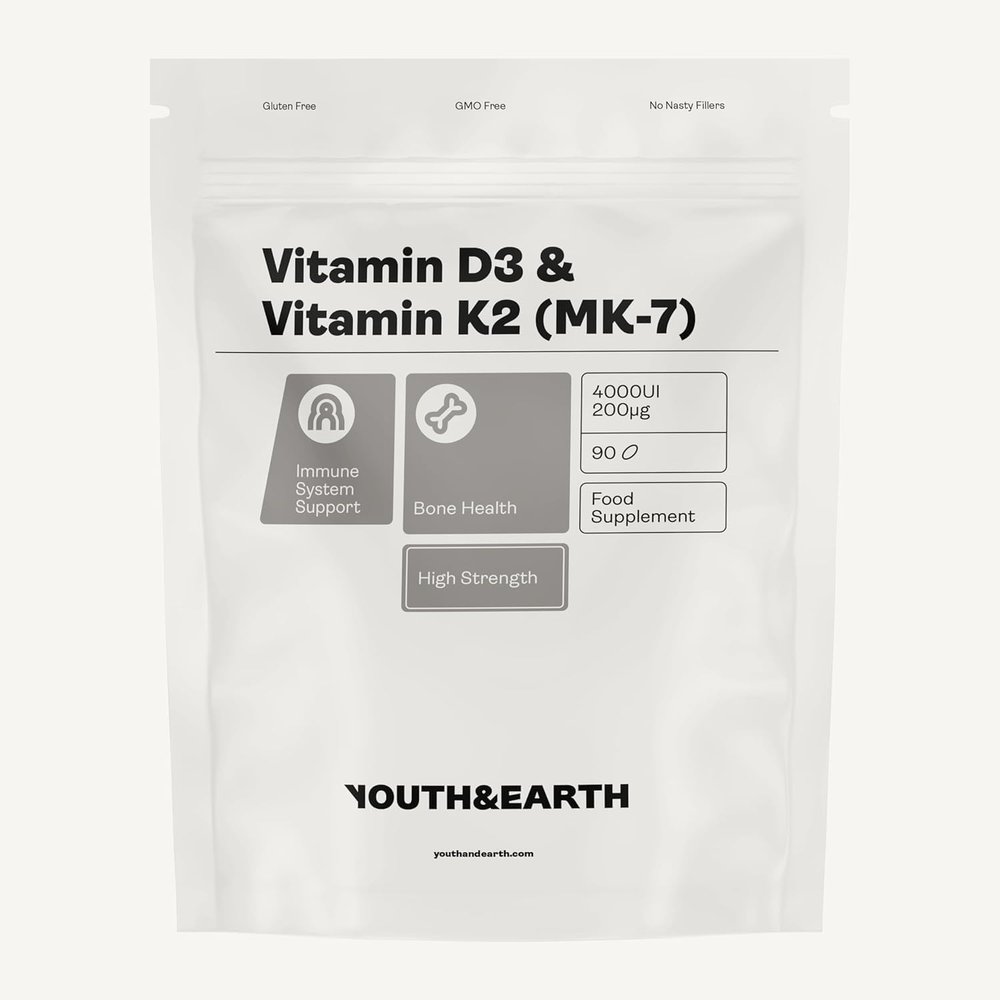 Youth & Earth Vitamin D3 4000UI + Vitamin K2 Mk7 200mcg (3 Months Supply) - Immune System Booster D3 and K2 Vitamin Supplements - Supports Immune Function & Maintains Healthy Bones - 90 Softgels