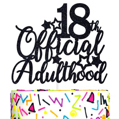 18 Official Adulthood Cake Topper, Cheers to 18 Years/Time to Adult Cake Decor for Boy Girl, Happy 18th Birthday Party Decoration Supplies, Black Glitter