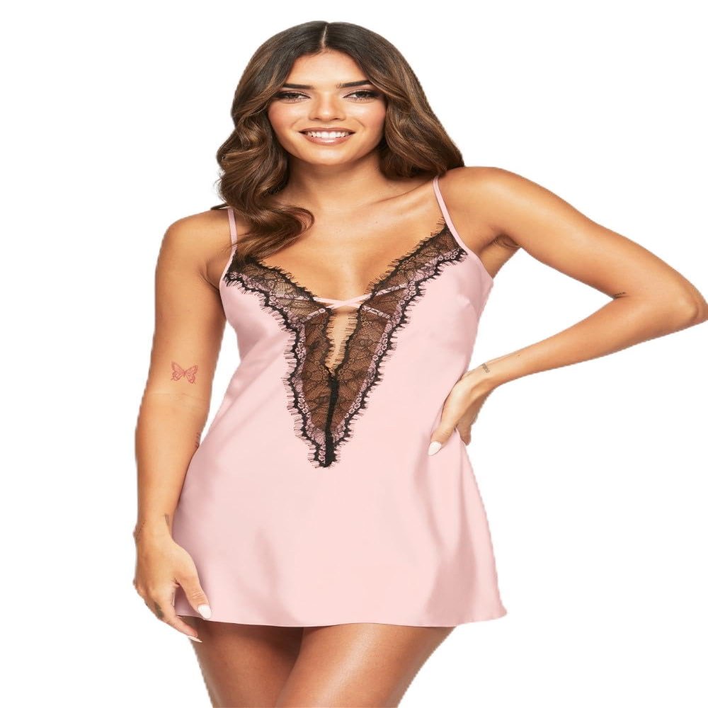 Ann Summers Cherryann Chemise Womens Lingerie Dress, Babydoll Lingerie Nightwear for Women with Plunge Neck & Lace-Up Back - Genuine Chemise Nighties for Women Pale Pink