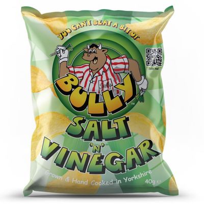 Bully Crisps Salt 'N' Vinegar Flavour - Full Case 24x40g - Grown & Hand Cooked in Yorkshire