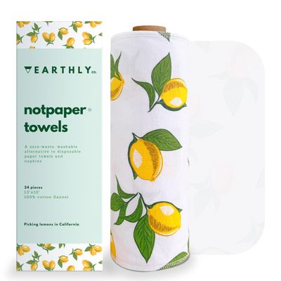 Earthly Co. Reusable Paper Towels - 24 Pack - Roll of Washable Cotton Cloth Paper Towels - Paperless Reusable Napkins Cloth Washable - Absorbent + Long Lasting - Zero Waste Products - (Lemon)