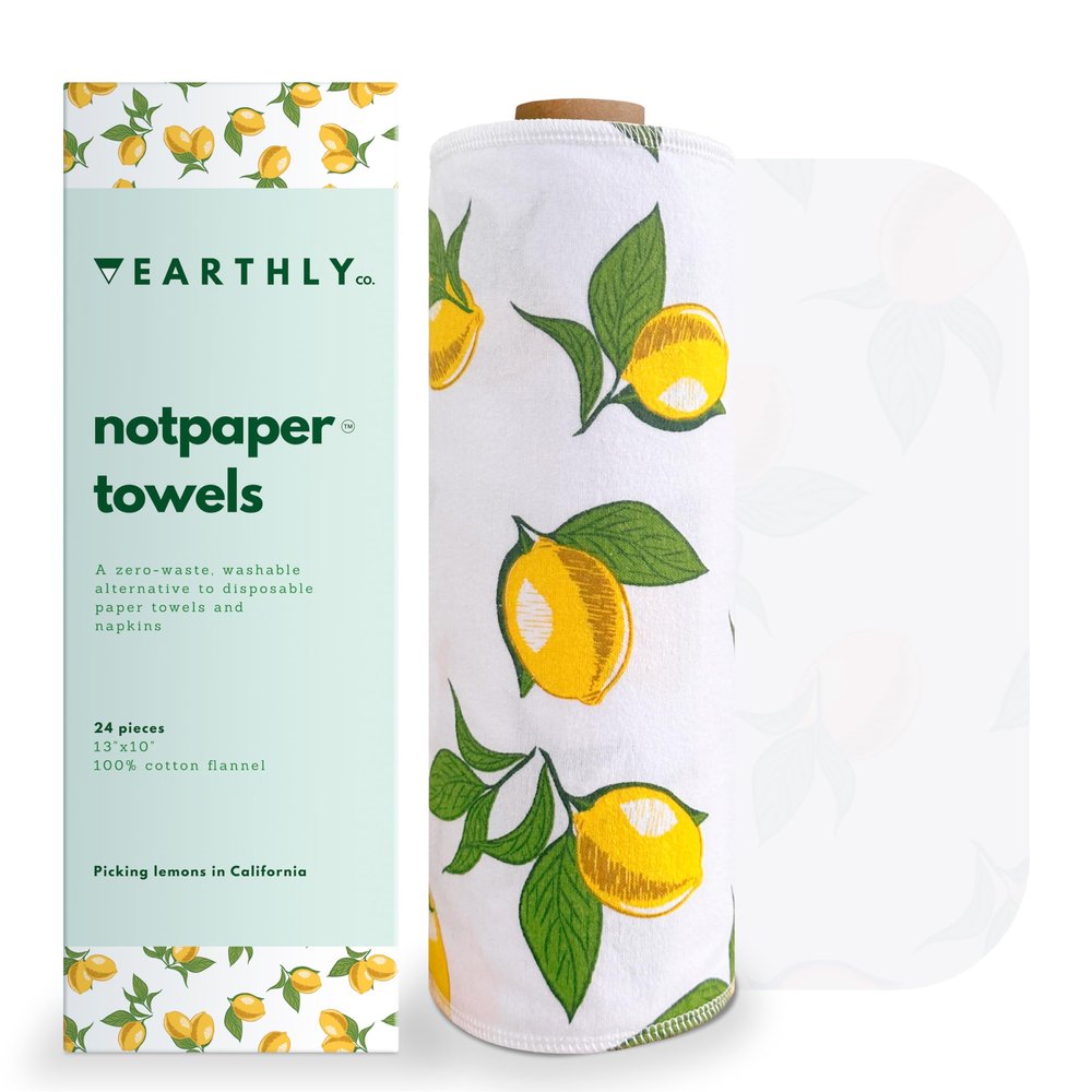 Earthly Co. Reusable Paper Towels - 24 Pack - Roll of Washable Cotton Cloth Paper Towels - Paperless Reusable Napkins Cloth Washable - Absorbent + Long Lasting - Zero Waste Products - (Lemon)