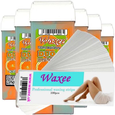 6x 100ml Roller ROLL ON WAX CARTRIDGE + 100 strips Body & Leg "Waxee" NEW FORMULA (DUO- Orange & Mint)