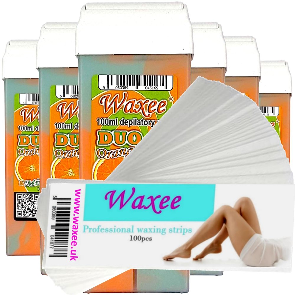 6x 100ml Roller ROLL ON WAX CARTRIDGE + 100 strips Body & Leg "Waxee" NEW FORMULA (DUO- Orange & Mint)